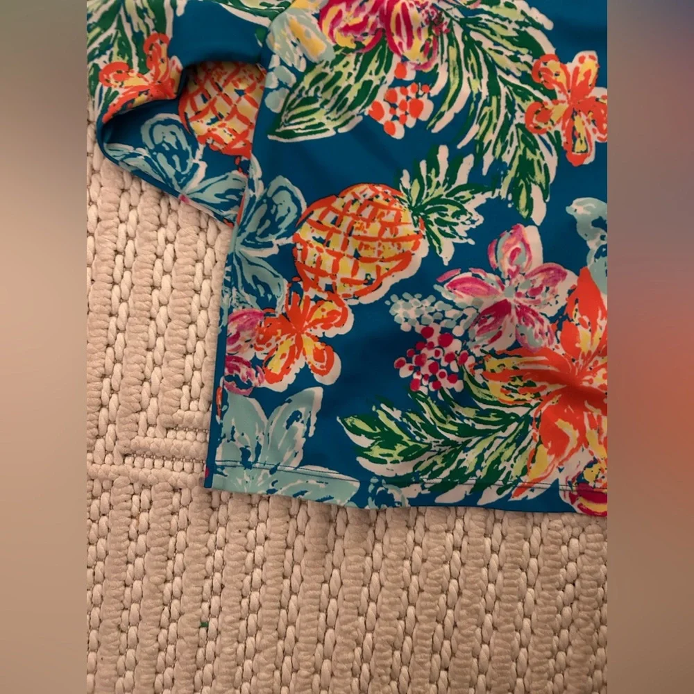 Gymboree Women Sz M (7-8) Blue Pineapple Floral Long Sleeve Rash-guard Swim Top